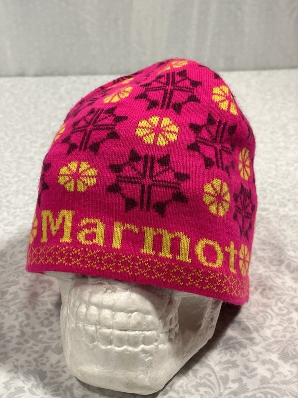 Marmot Nordic Pom Pom Beanie Pink Yellow Fleece Lined One Size